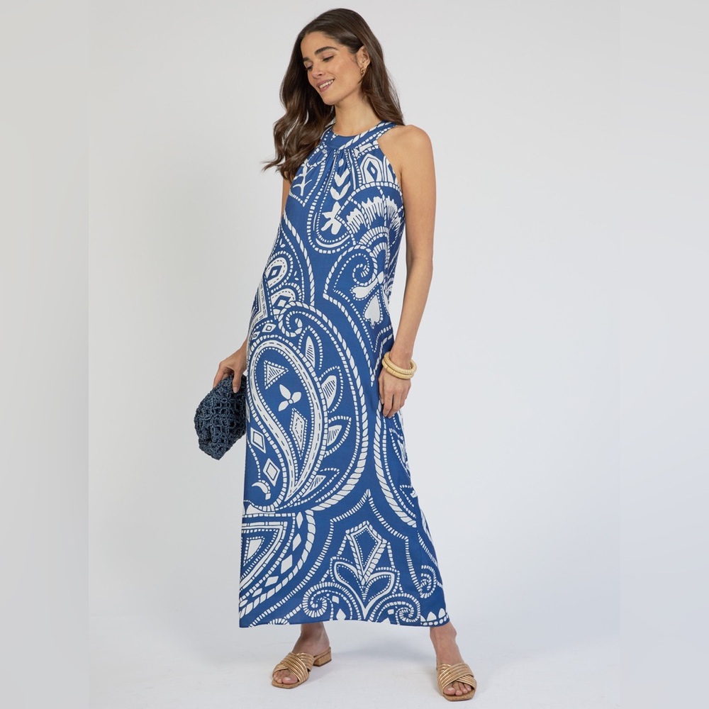 J. McLaughlin Blue White Leda Silk Blend Maxi Dress Grand Medallion Small NWT